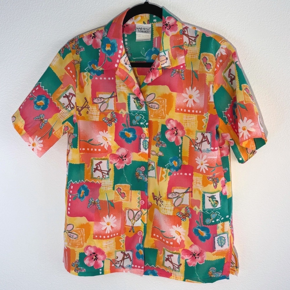 Napa Valley Petites Vintage Multi Color Floral Butterfly Tennis Camp Shirt Small